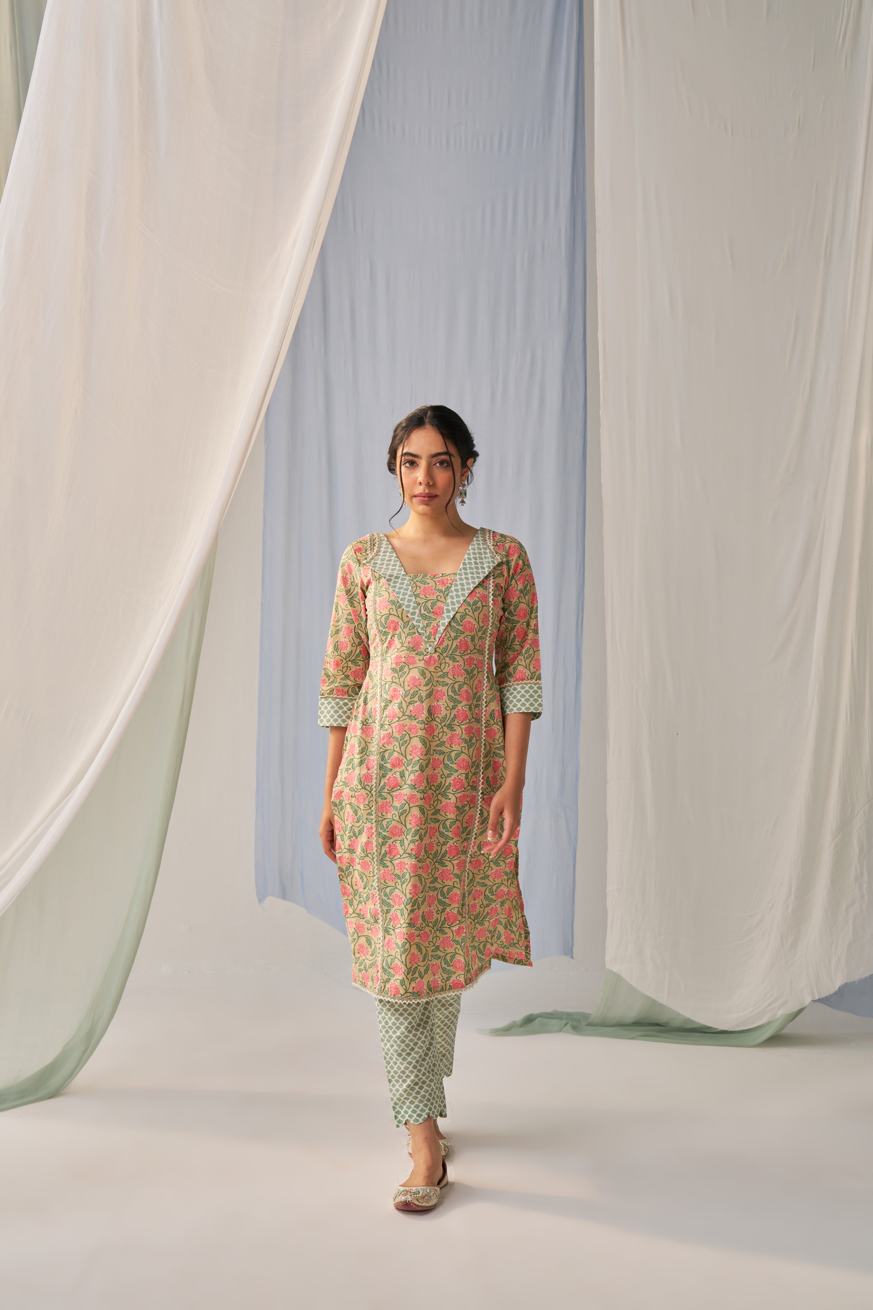 Aruna - Adaara Floral beige pink and green cotton co-ord set with Resham crochet detailing