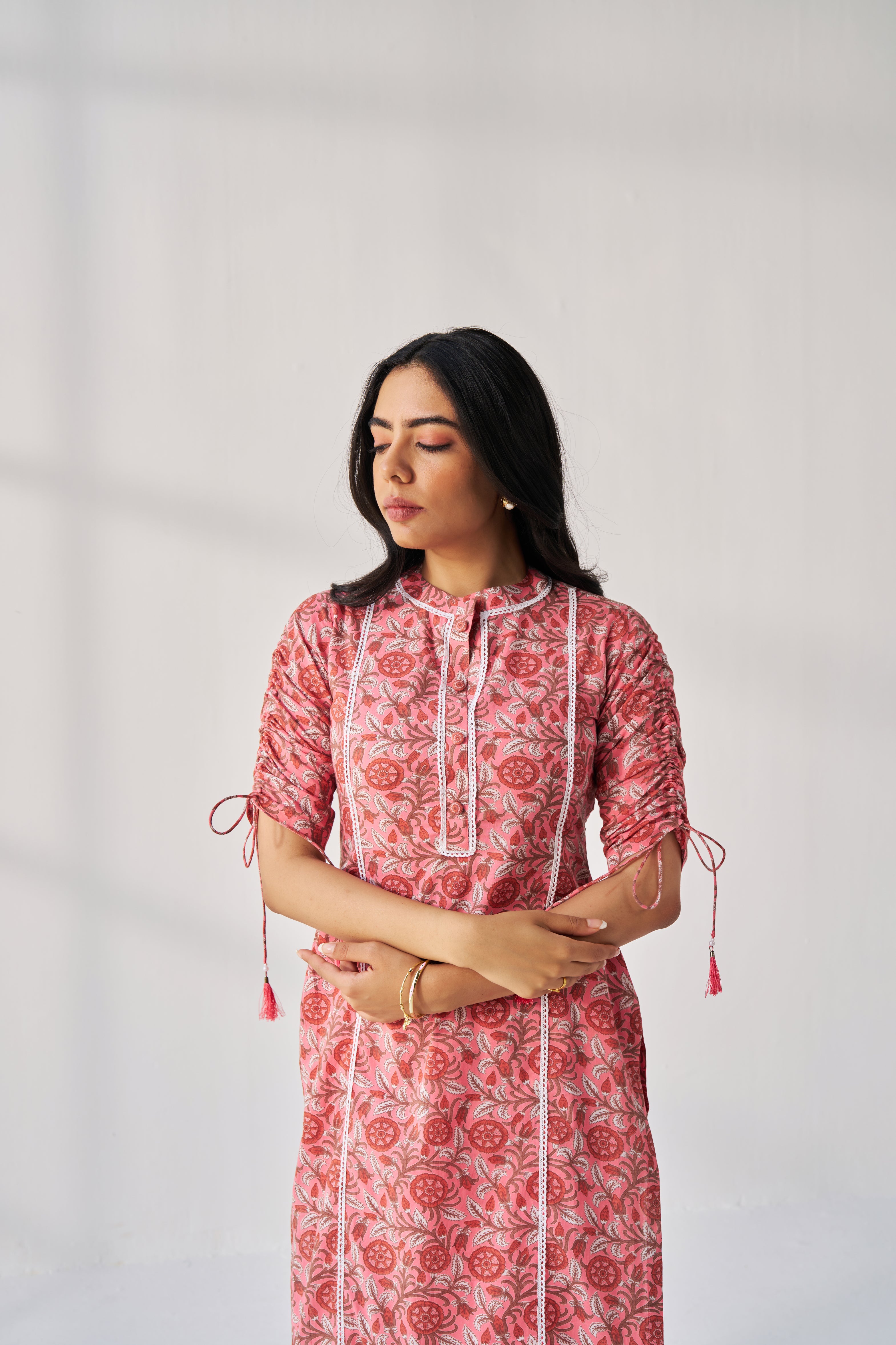 Sasha - Adaara cotton peachish pink  kurta pant set with statement Dori sleeves