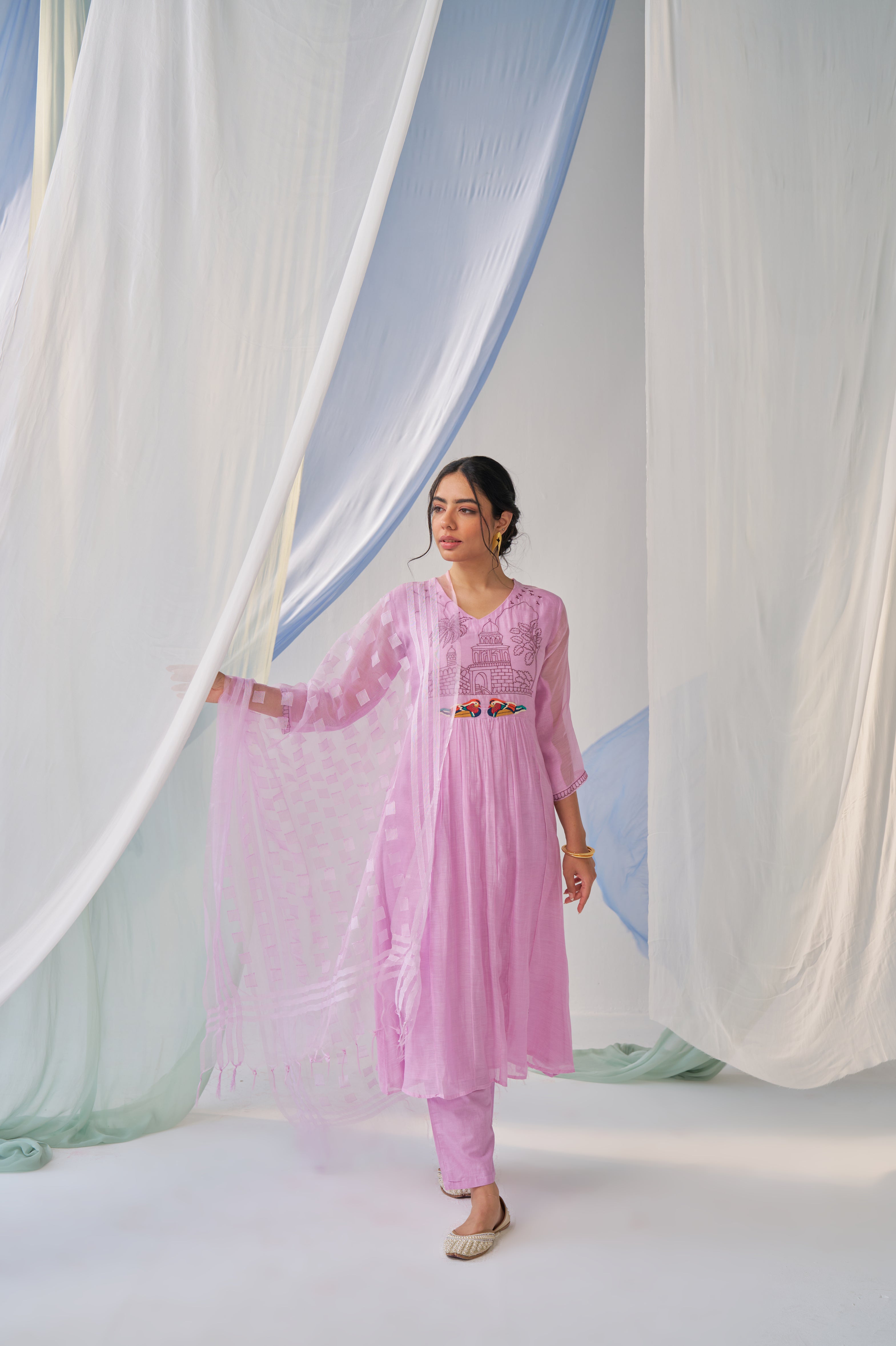 Adhira - Adaara Mal cotton Lavender A-line Suit set with Resham Embroidery and Kota Dupatta