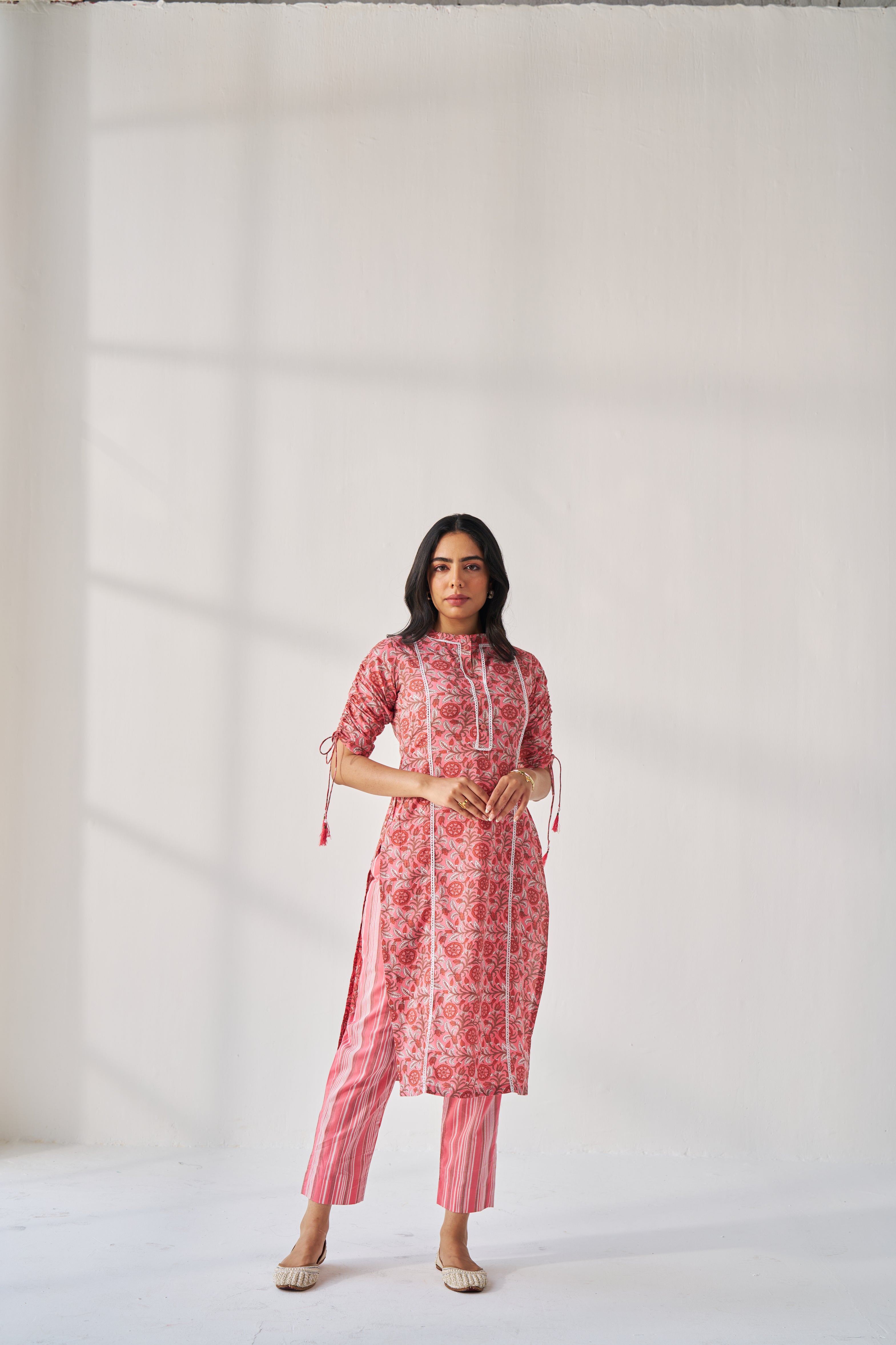 Sasha - Adaara cotton peachish pink  kurta pant set with statement Dori sleeves