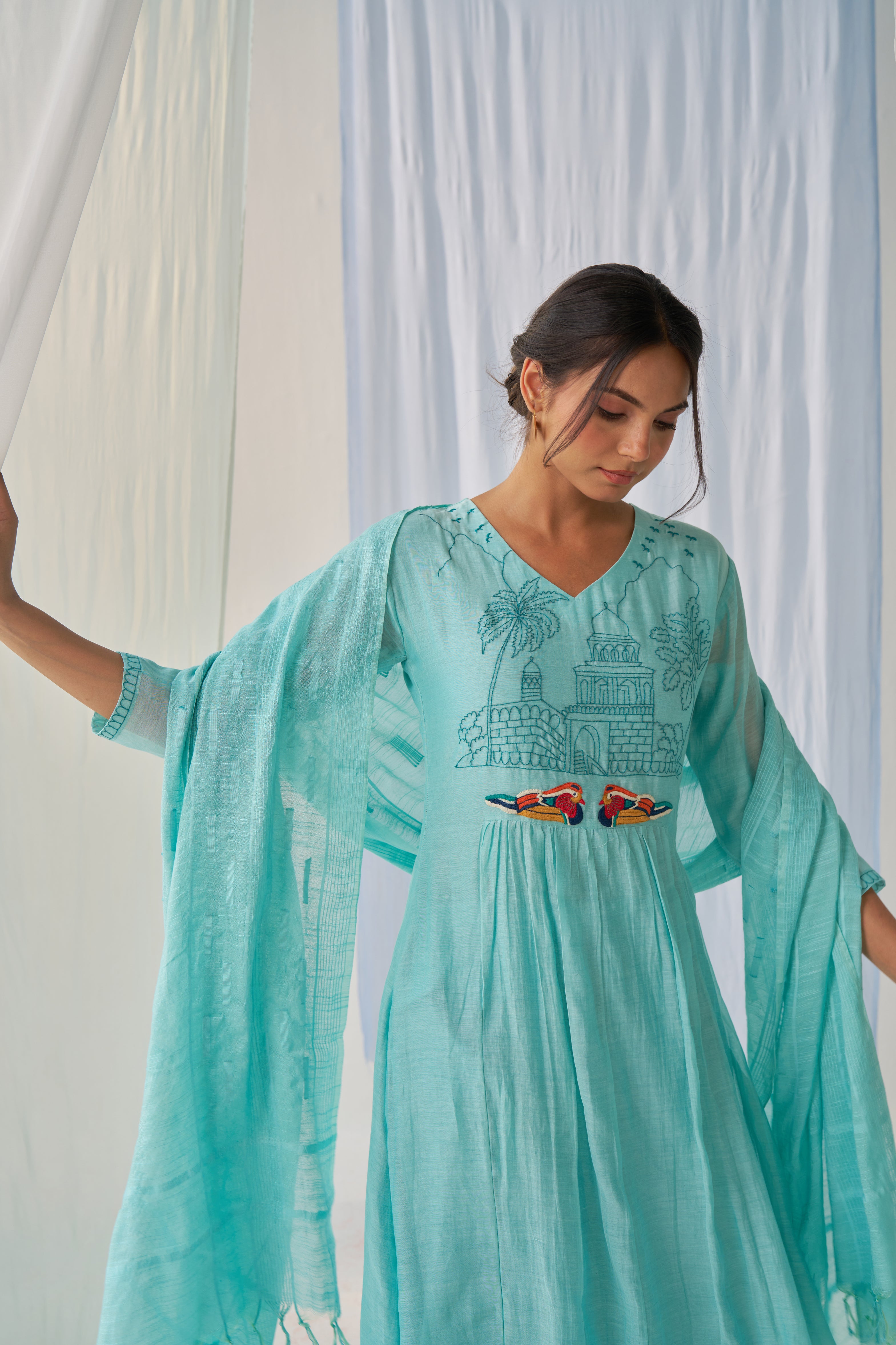Ahana- Adaara Mal cotton green A-line Suit set with Resham Embroidery and Kota Dupatta