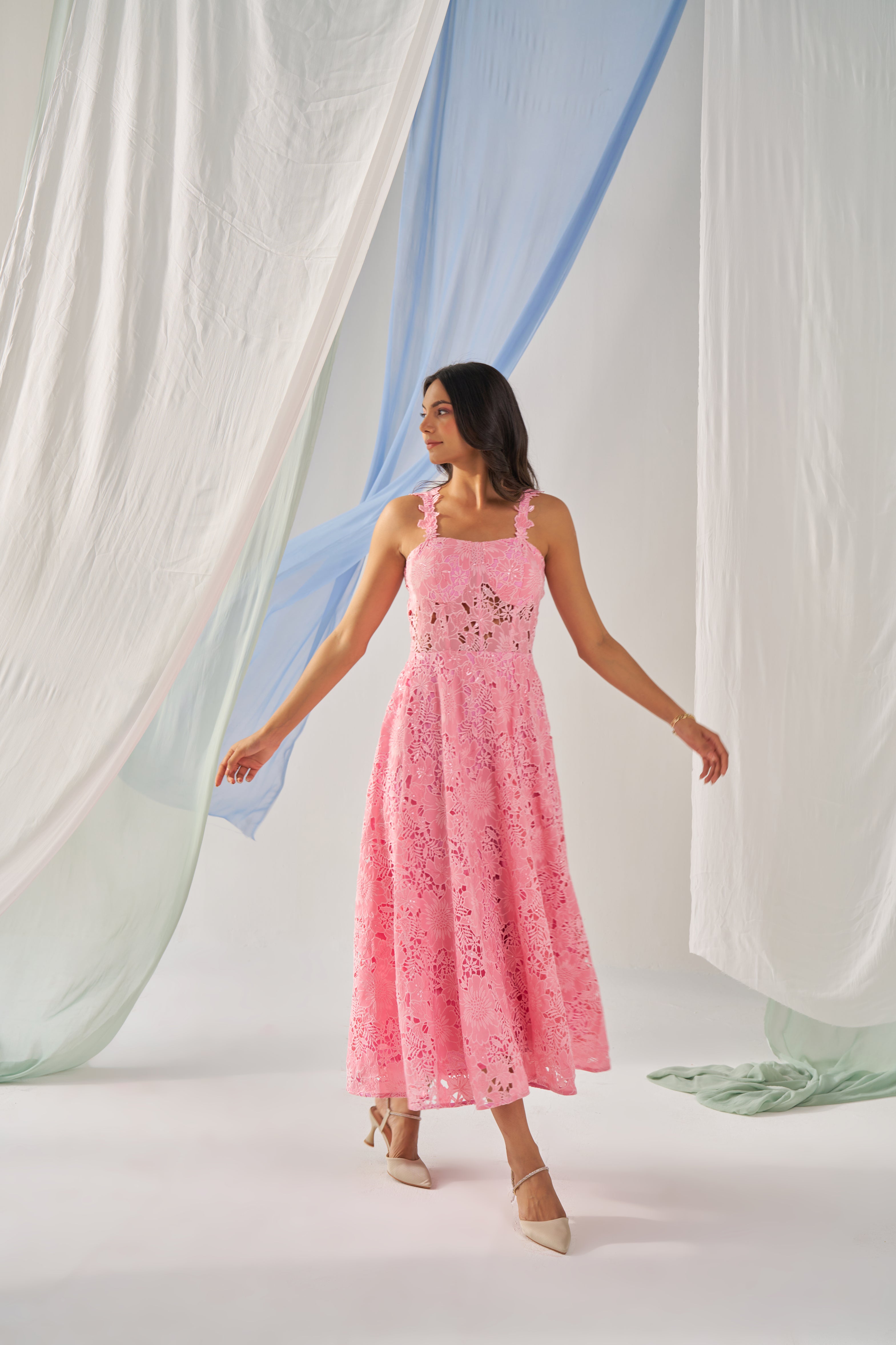 Marshmallow- Adaara pink cutwork Ankle length corset dress