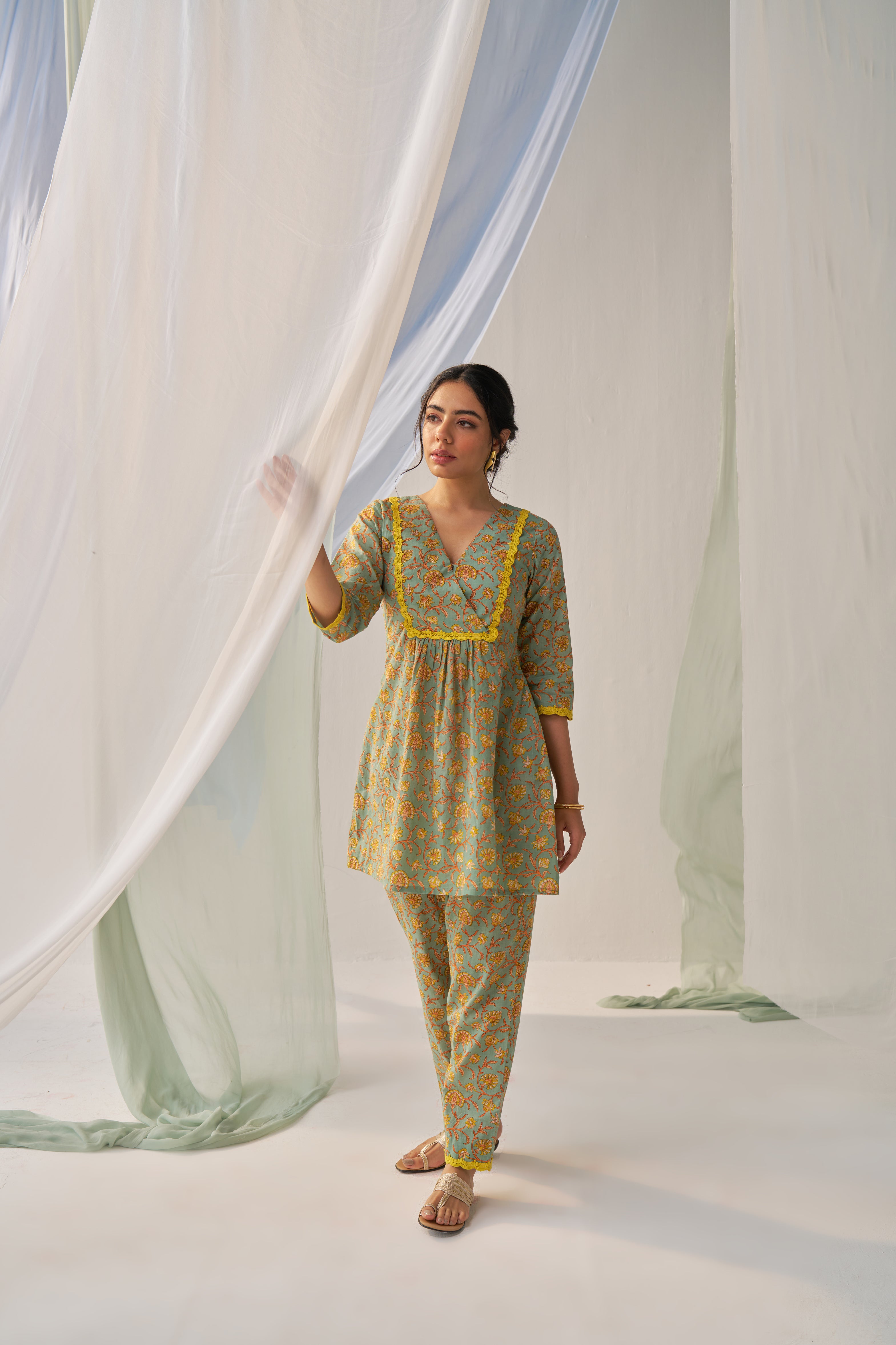 Vasudha - Adaara cotton green co-ord set with yellow crochet detailing