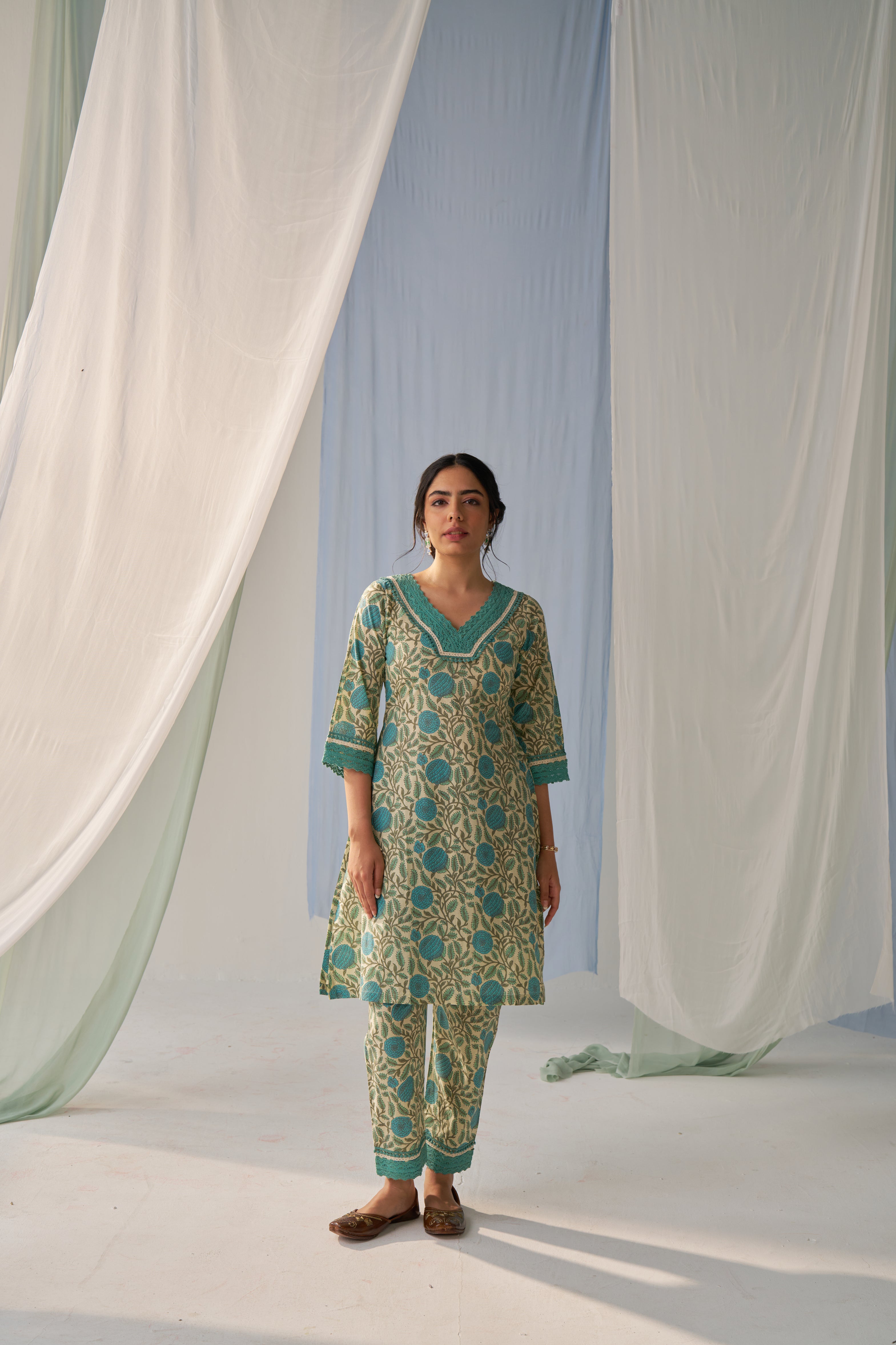 Pratyu - Adaara cotton blue co-ord set with crochet detailed neck